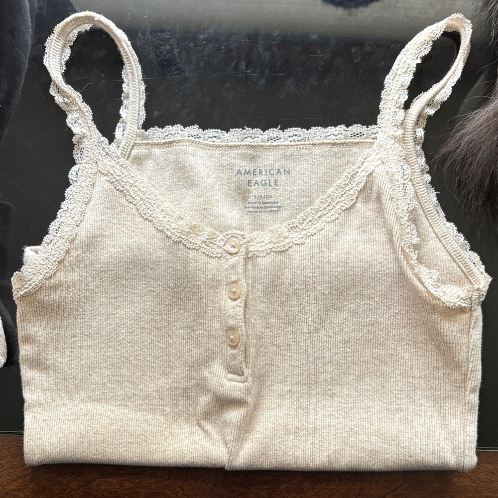 American Eagle Beige Lace Button Tank